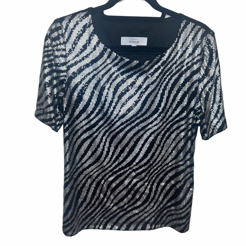 Missook Black & Silver Zebra Sequin Size Top Size Small